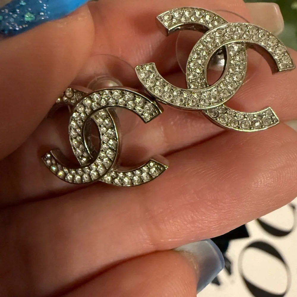 Chanel‎ Classic Silver Crystal CC Earrings